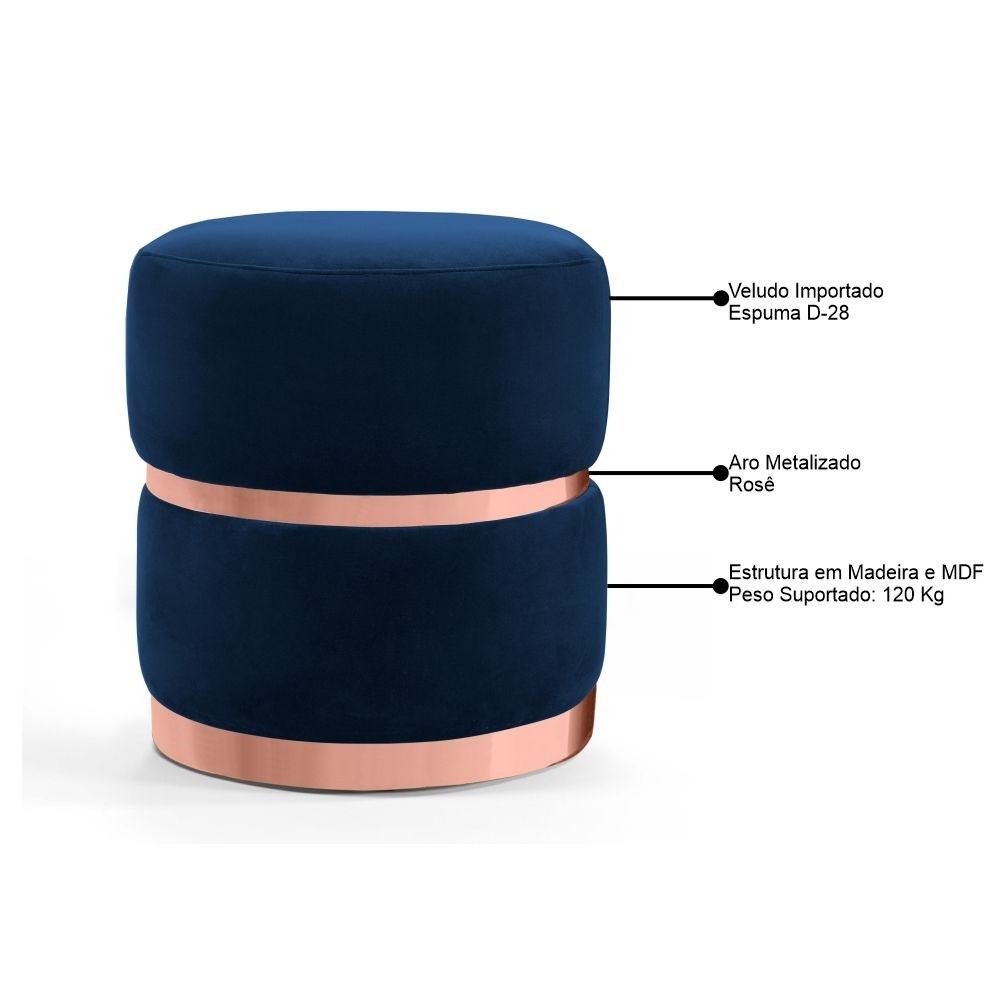 Kit 2 Puffs Decorativos Cinto e Aro Rosê Round B-304 Veludo Azul Marinho - Domi