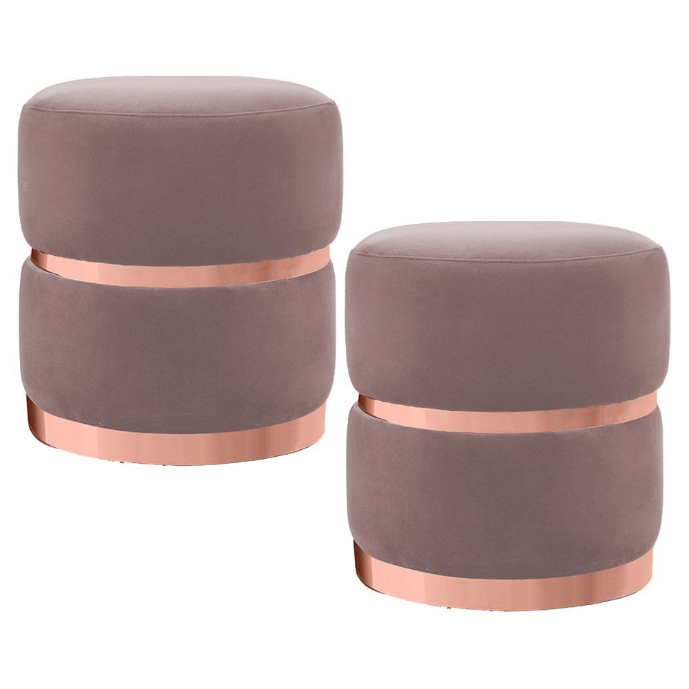 Kit 2 Puffs Decorativos Cinto e Aro Rosê Round B-305 Veludo Rosê - Domi