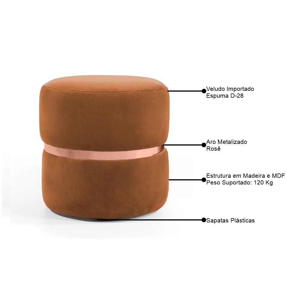 Kit 2 Puffs Decorativos Com Cinto Rosê Round B-262 Veludo Laranja - Domi