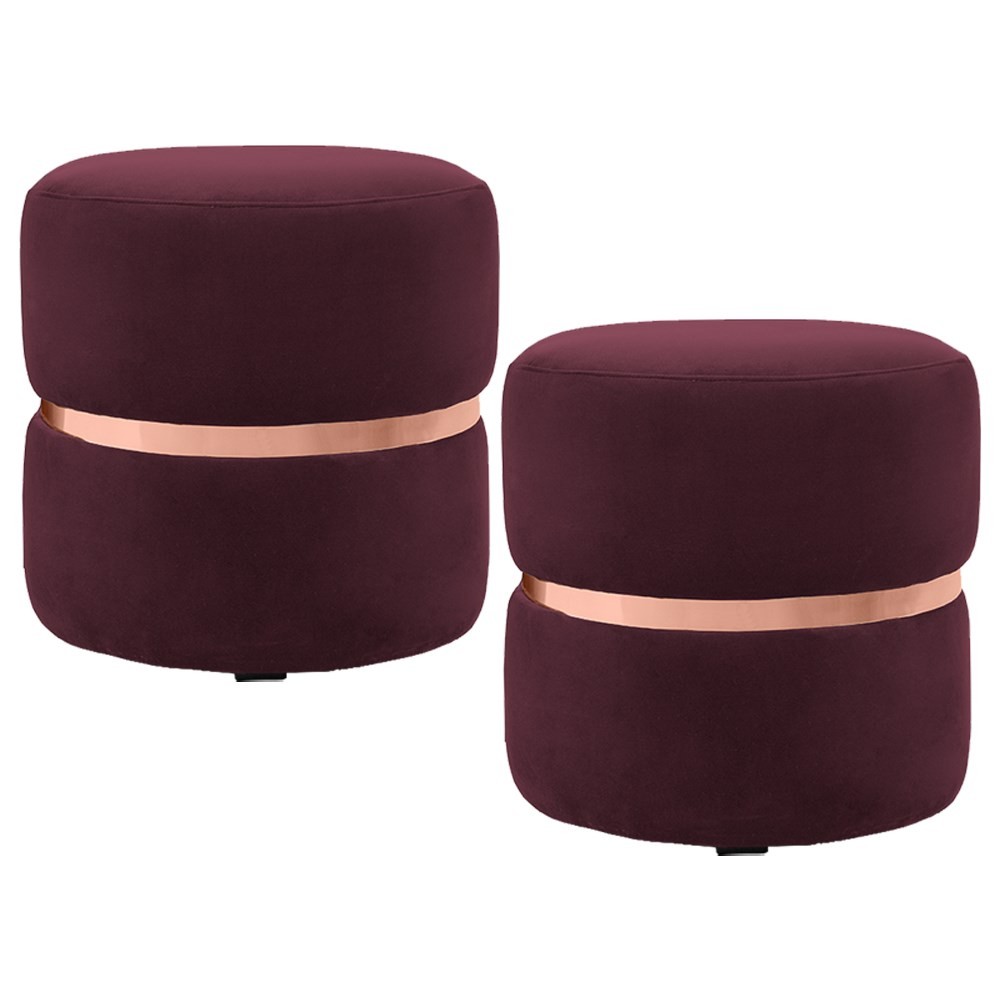 Kit 2 Puffs Decorativos Com Cinto Rosê Round B-278 Veludo Vermelho - Domi