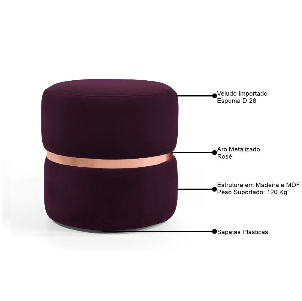 Kit 2 Puffs Decorativos Com Cinto Rosê Round B-278 Veludo Vermelho - Domi