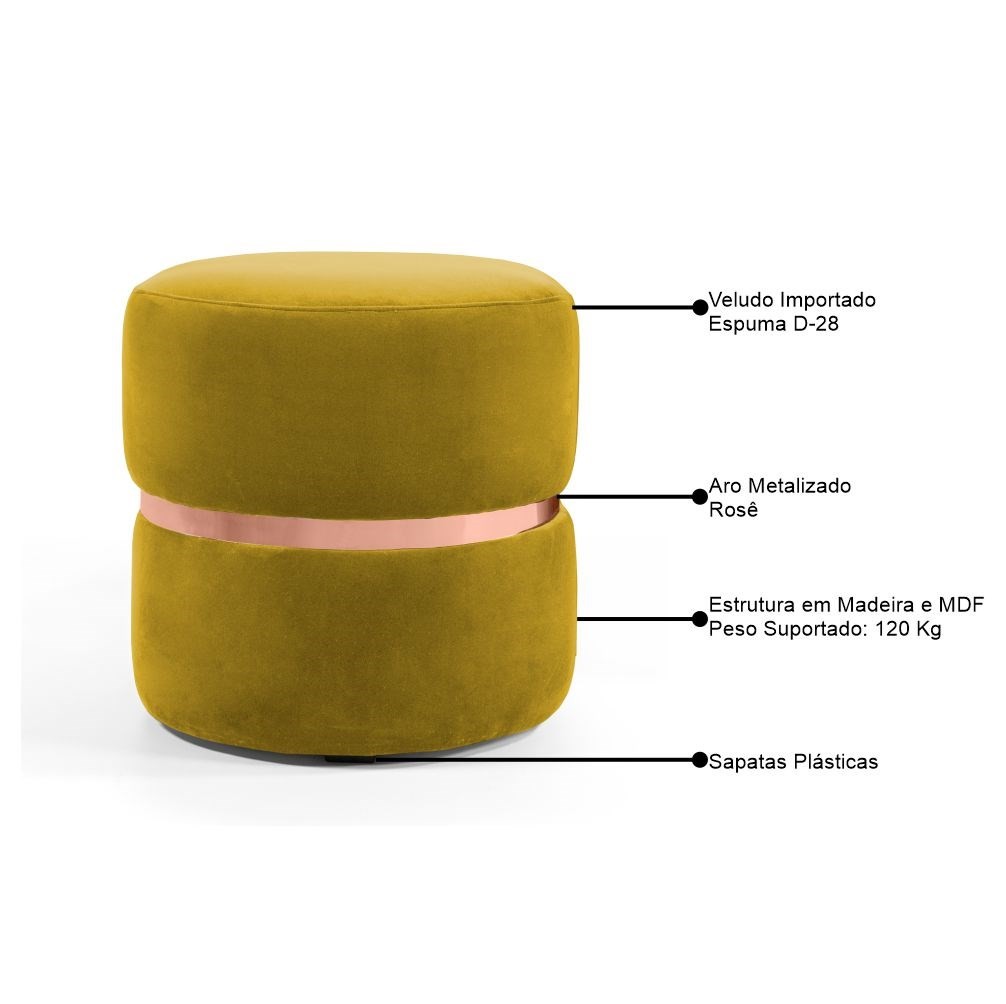 Kit 2 Puffs Decorativos Com Cinto Rosê Round B-279 Veludo Amarelo - Domi