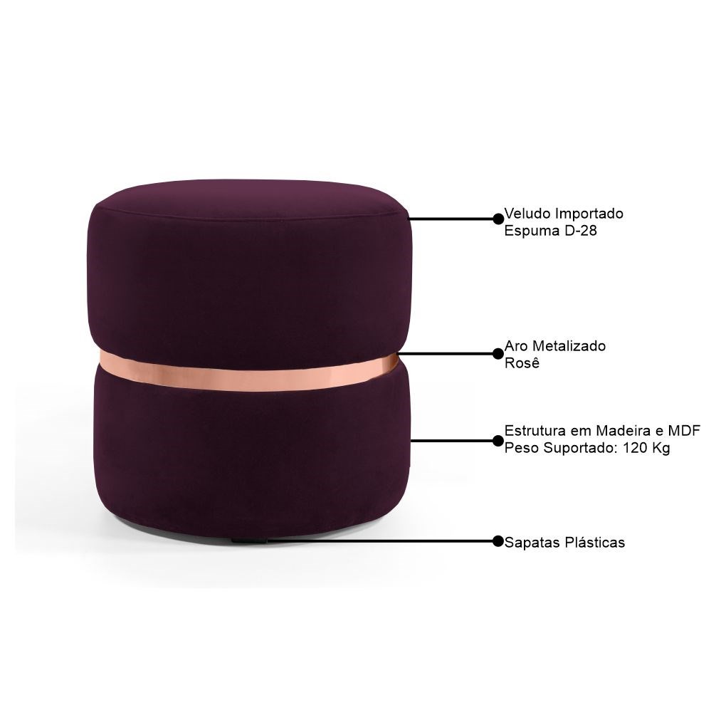 Kit 2 Puffs Decorativos Com Cinto Rosê Round B-292 Veludo Uva - Domi