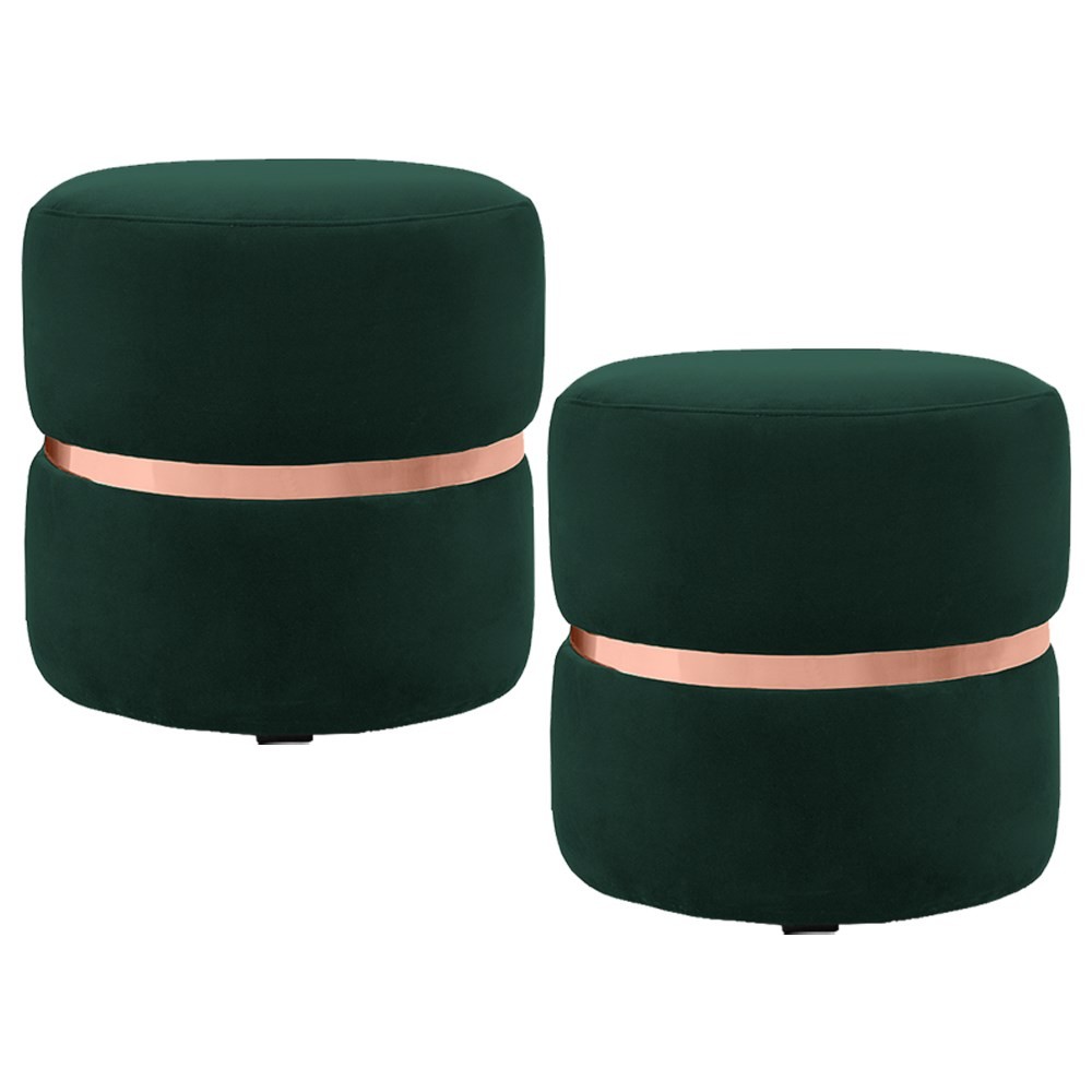 Kit 2 Puffs Decorativos Com Cinto Rosê Round B-303 Veludo Verde Musgo - Domi