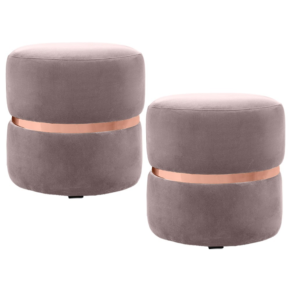 Kit 2 Puffs Decorativos Com Cinto Rosê Round B-305 Veludo Rosê - Domi