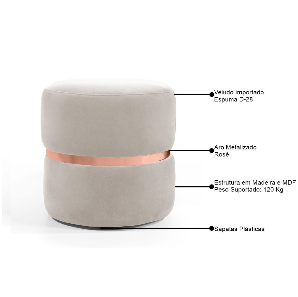 Kit 2 Puffs Decorativos Com Cinto Rosê Round B-309 Veludo Bege Claro - Domi