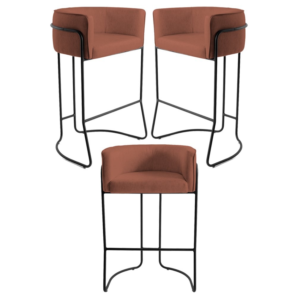 Kit 3 Banquetas Base Aço Preto Betina B-355 Linho Laranja - Domi