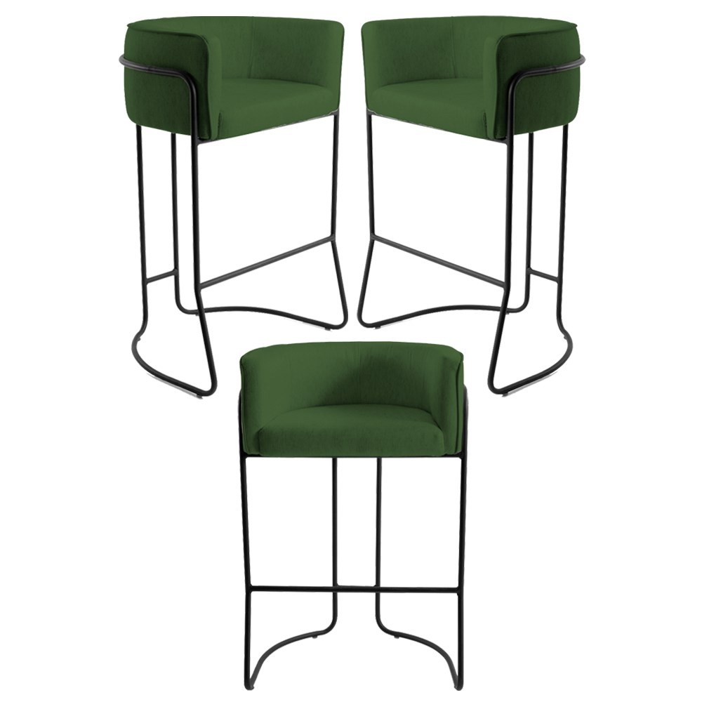 Kit 3 Banquetas Decorativas Base Aço Preto Betina A-89 Corano Verde - Domi