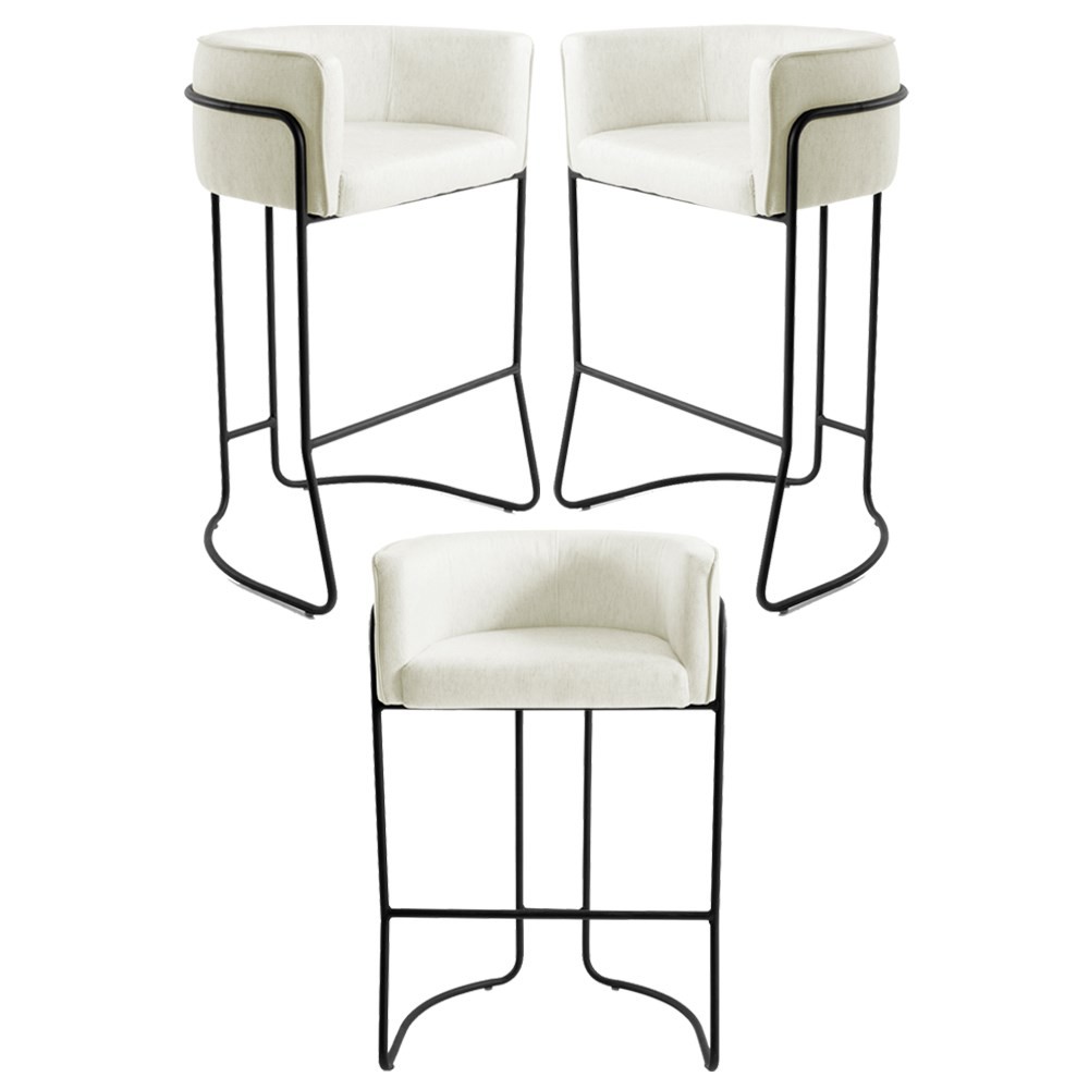 Kit 3 Banquetas Decorativas Base Aço Preto Betina B-309 Veludo Bege - Domi