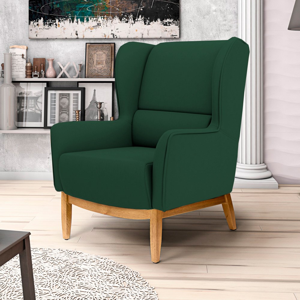 Poltrona Decorativa Sala de Estar Base Manu Madeira Milena B-303 Veludo Verde Musgo - Domi