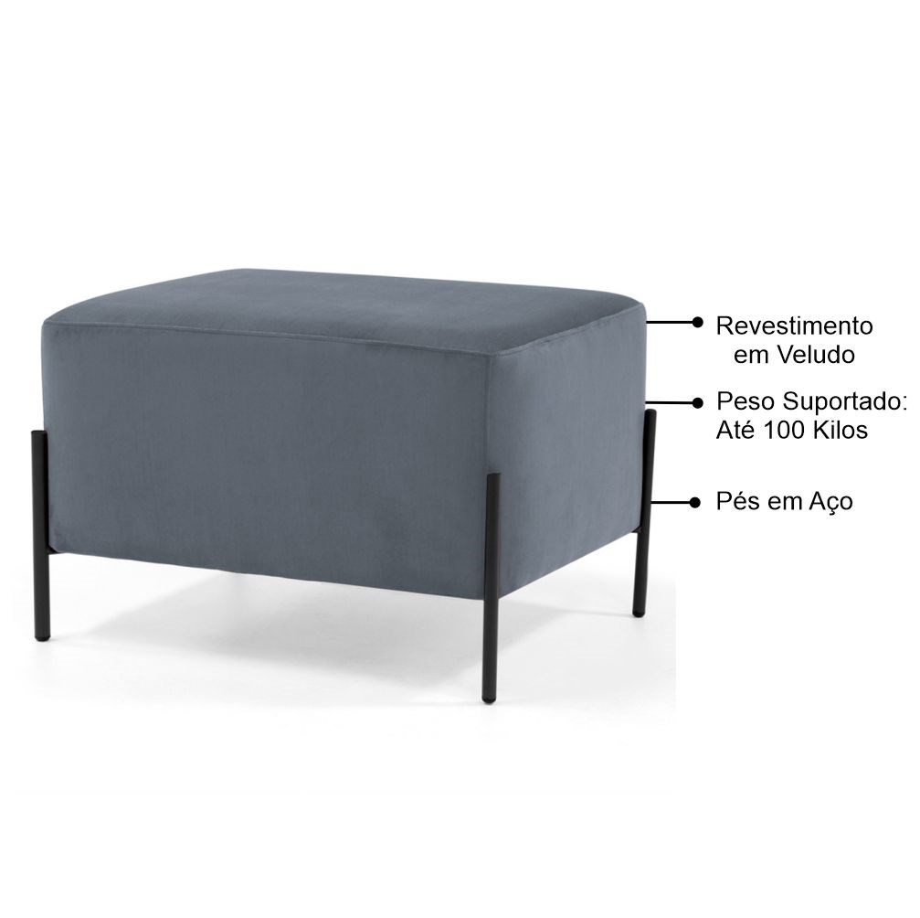 Puff Decorativo 60cm Base Aço Status B-317 Veludo Cinza - Domi