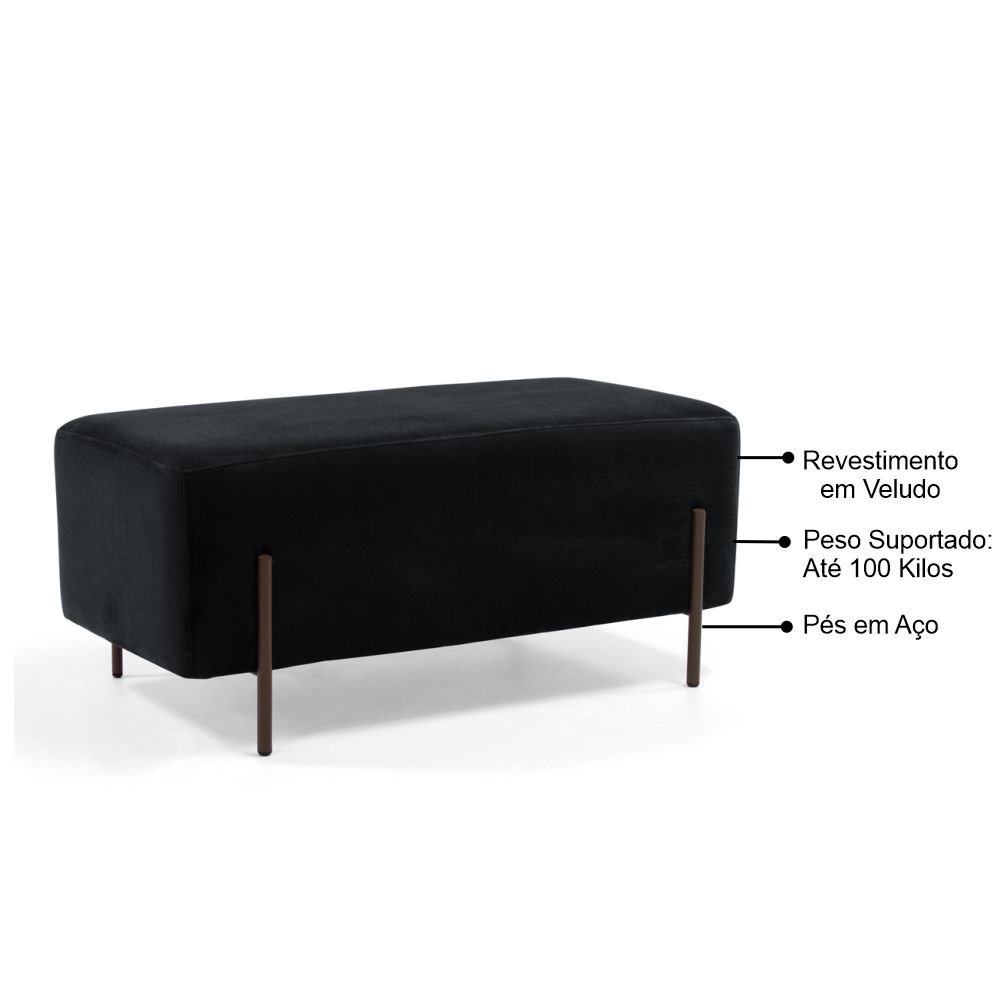 Puff Decorativo 90cm Base Aço Status B-300 Veludo Preto - Domi