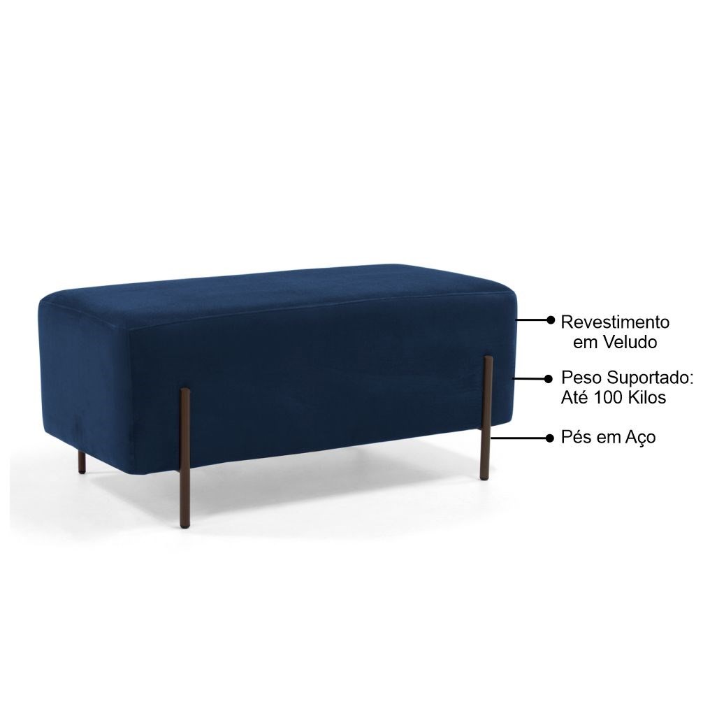 Puff Decorativo 90cm Base Aço Status B-304 Veludo Azul Marinho - Domi