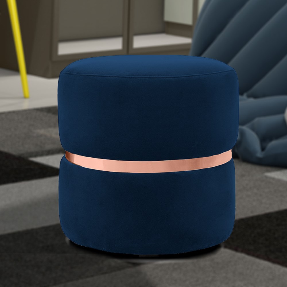 Puff Decorativo Com Cinto Rosê Round B-304 Veludo Azul Marinho - Domi