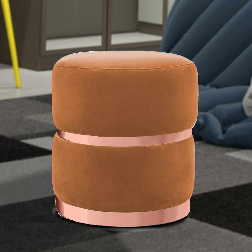 Puff Decorativo Com Cinto e Aro Rosê Round B-262 Veludo Laranja - Domi