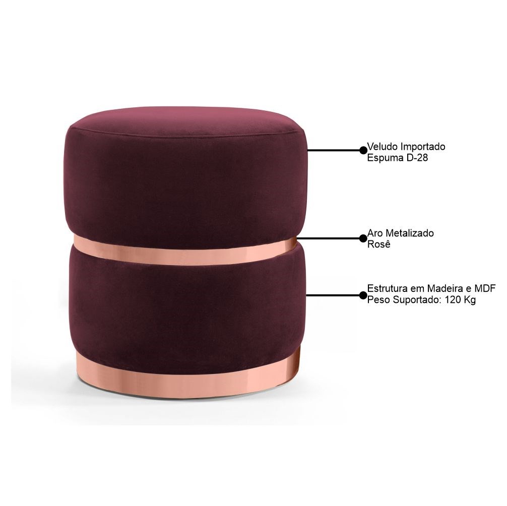 Puff Decorativo Com Cinto e Aro Rosê Round B-278 Veludo Marsala - Domi