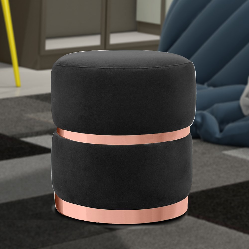 Puff Decorativo Com Cinto e Aro Rosê Round B-300 Veludo Preto - Domi