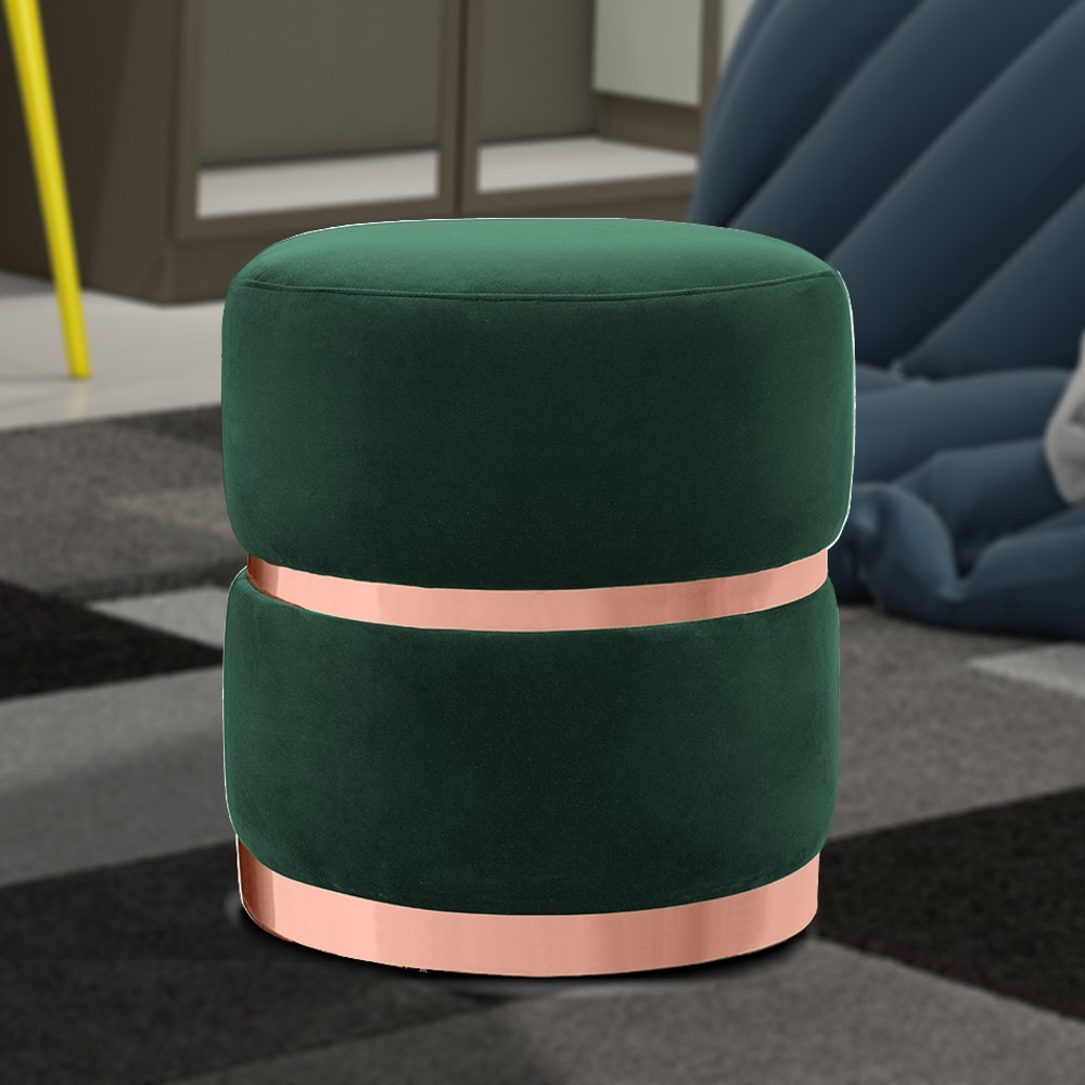 Puff Decorativo Com Cinto e Aro Rosê Round B-303 Veludo Verde Musgo - Domi