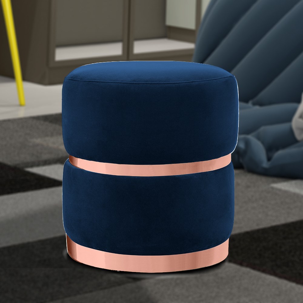 Puff Decorativo Com Cinto e Aro Rosê Round B-304 Veludo Azul Marinho - Domi