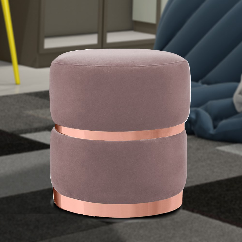 Puff Decorativo Com Cinto e Aro Rosê Round B-305 Veludo Rosê - Domi