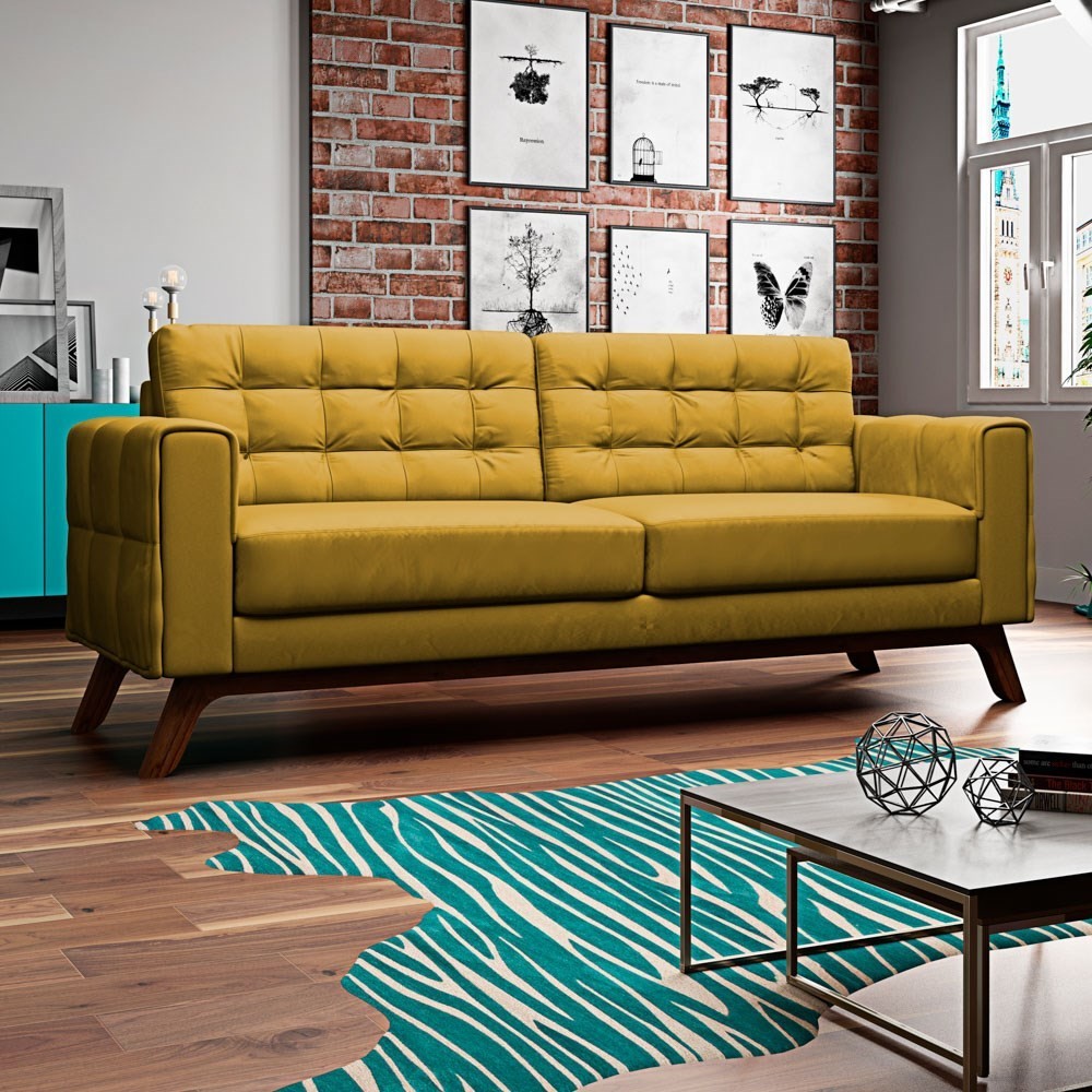 Sofá 180 cm 3 Lugares Sandero B-279 Veludo Amarelo - Domi