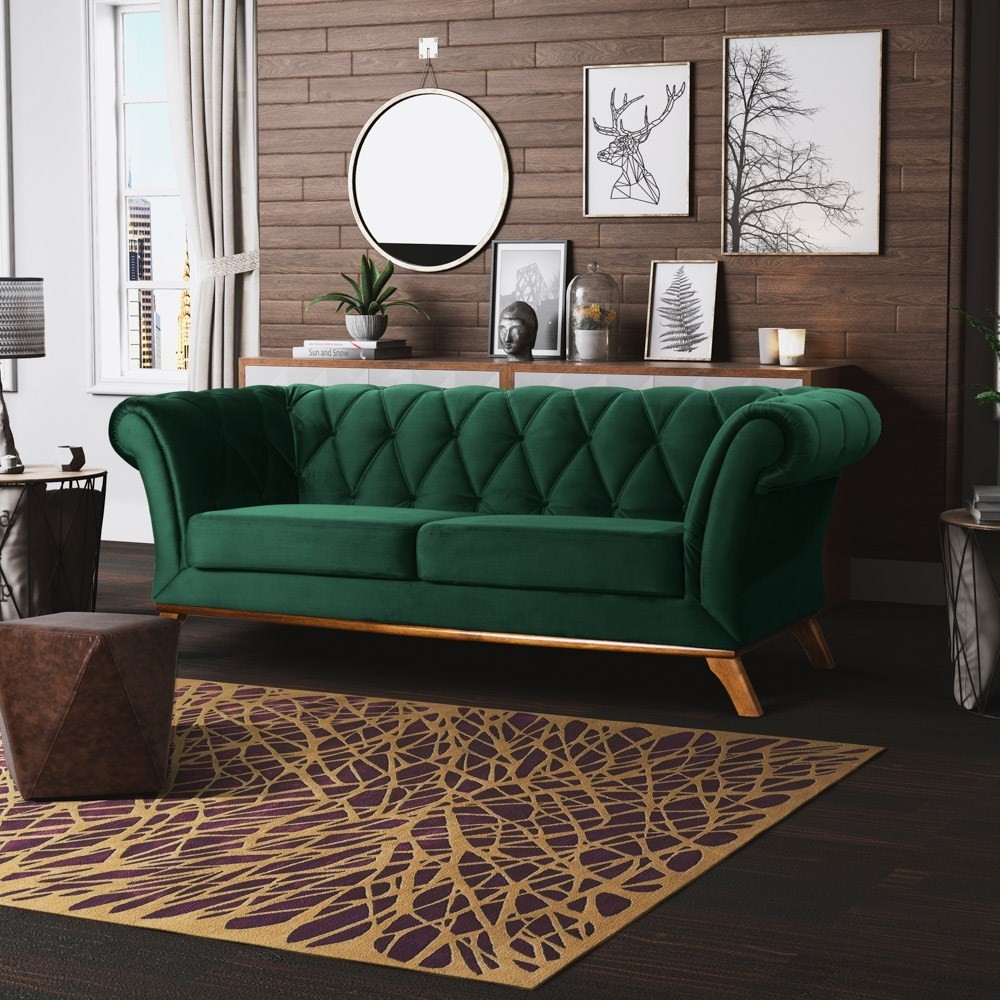 Sofá 180cm 3 Lugares Base Madeira Império B-303 Veludo Verde Musgo - Domi