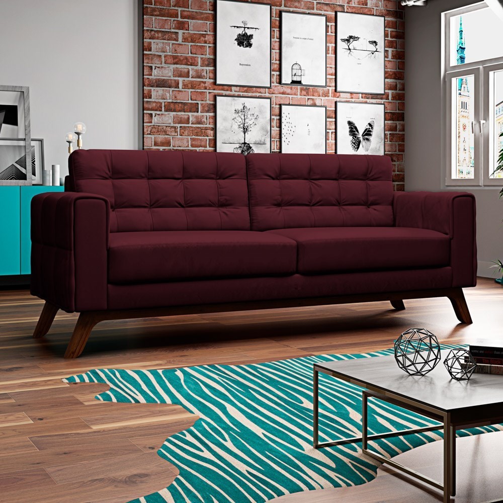 Sofá 210 cm 3 Lugares Sandero B-278 Veludo Marsala - Domi