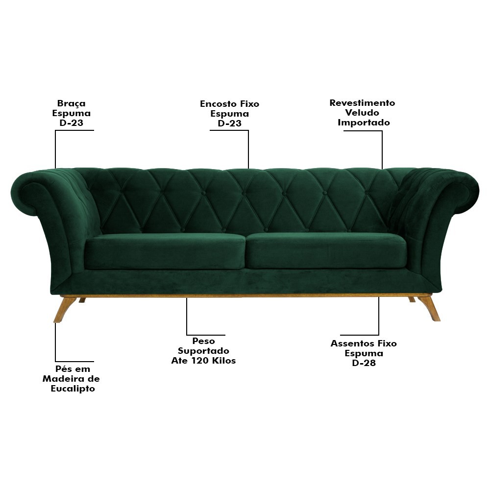 Sofá 210cm 3 Lugares Base Madeira Império B-303 Veludo Verde Musgo - Domi