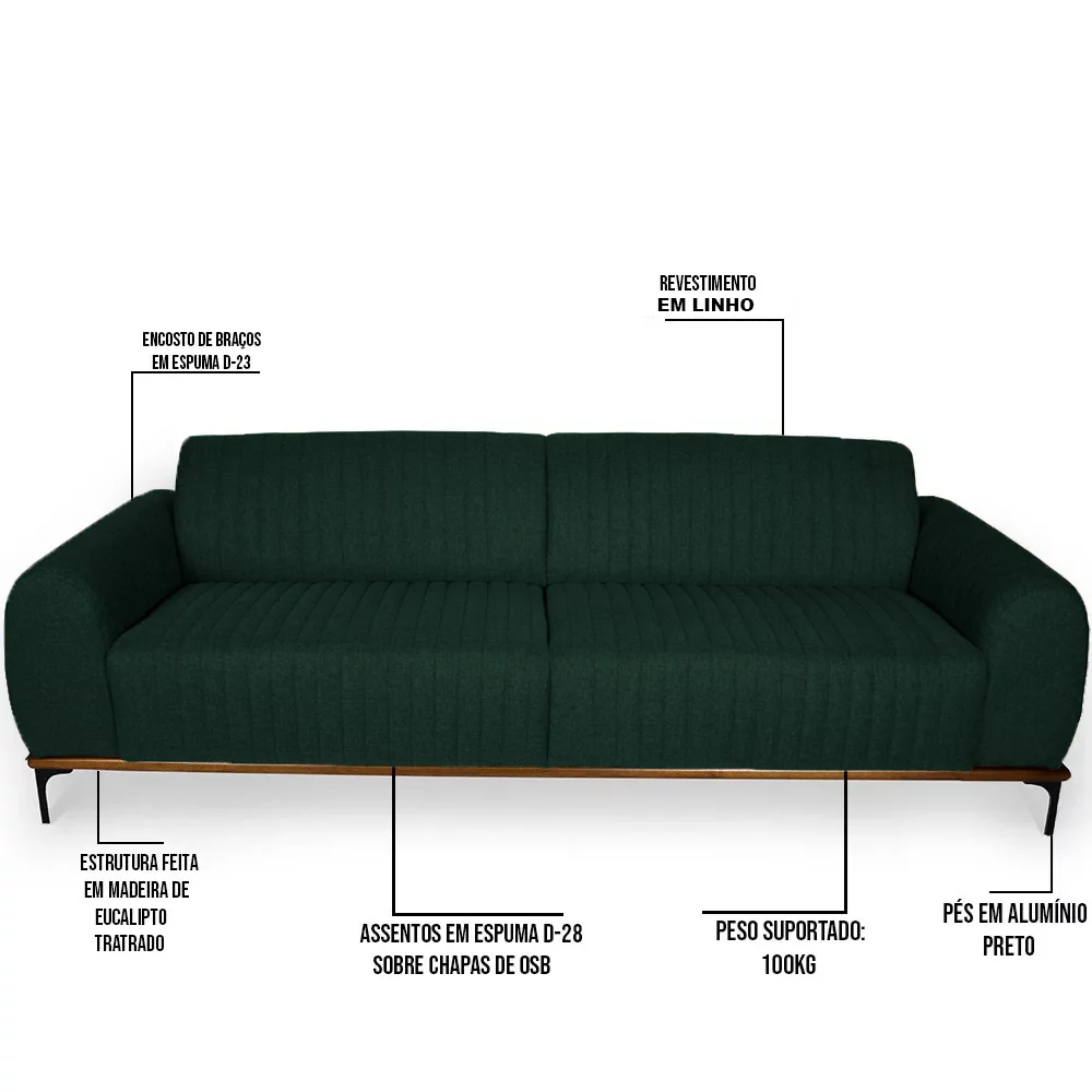 Sofá 210cm 3 Lugares Pés Preto Molino C-117 Linho Verde Musgo - Domi