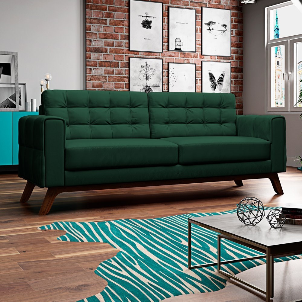 Sofá 230 cm 3 Lugares Sandero B-303 Veludo Verde - Domi