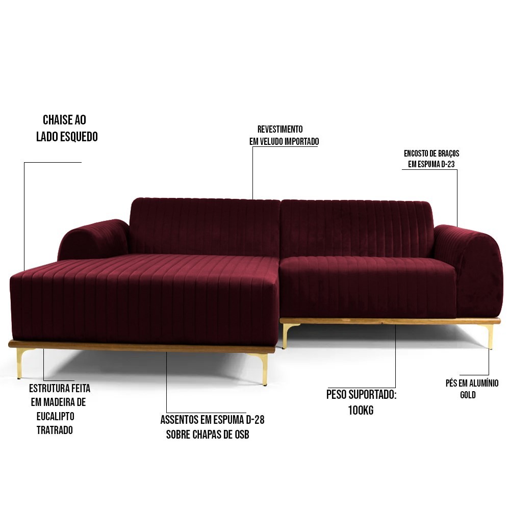 Sofá 230cm 4 Lugares com Chaise Esquerdo Pés Gold Molino B-278 Veludo Marsala - Domi
