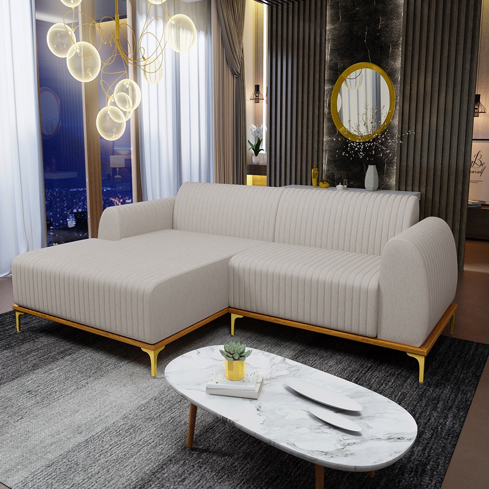 Sofá 230cm 4 Lugares com Chaise Esquerdo Pés Gold Molino C-107 Linho Bege - Domi
