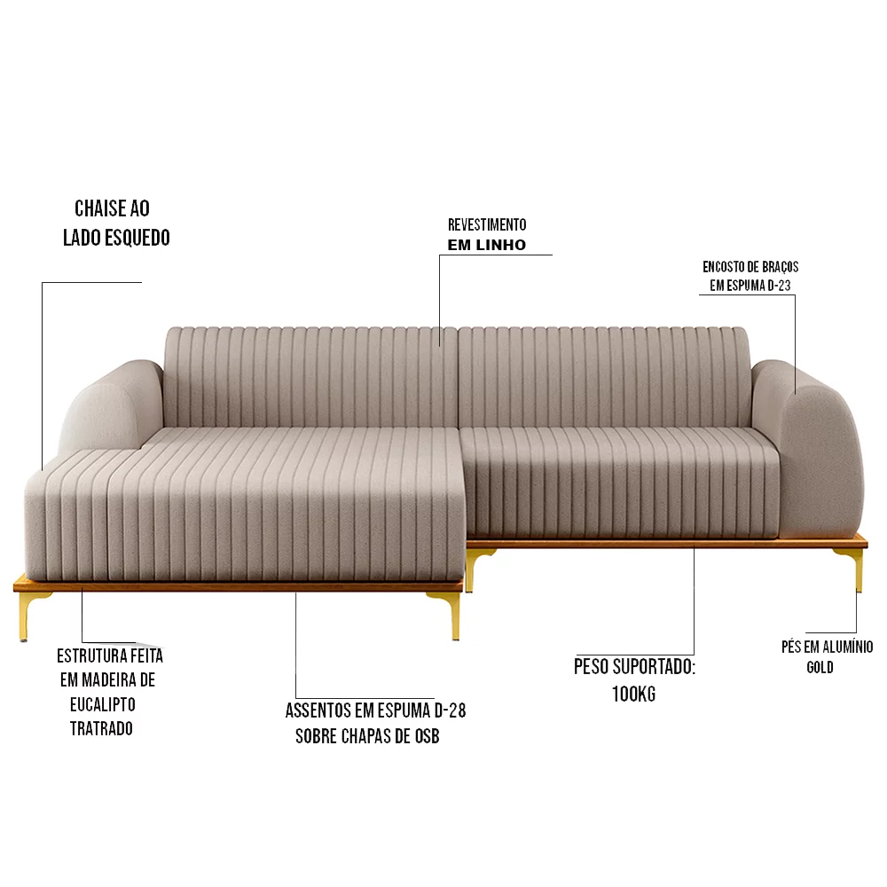 Sofá 230cm 4 Lugares com Chaise Esquerdo Pés Gold Molino C-107 Linho Bege - Domi