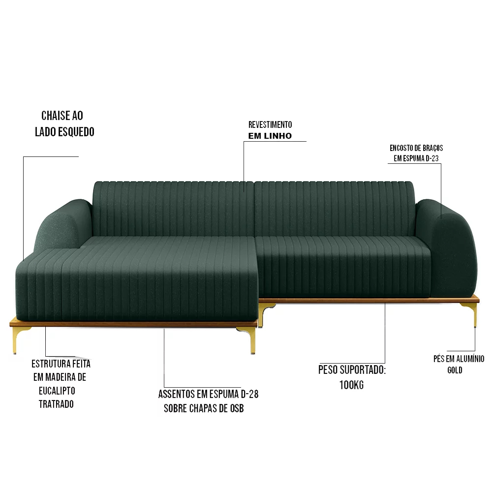 Sofá 230cm 4 Lugares com Chaise Esquerdo Pés Gold Molino C-117 Linho Verde - Domi