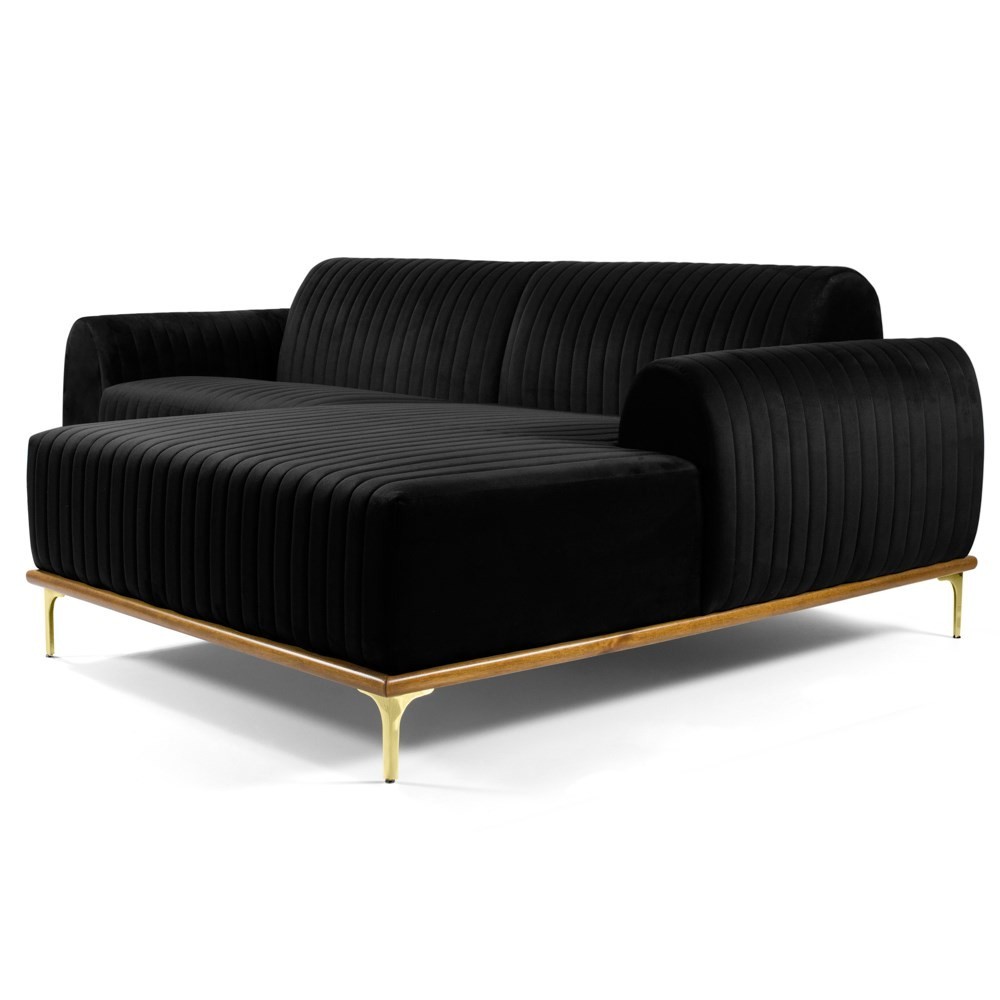 Sofá 245cm 4 Lugares com Chaise Direito Pés Gold Molino B-300 Veludo Preto - Domi