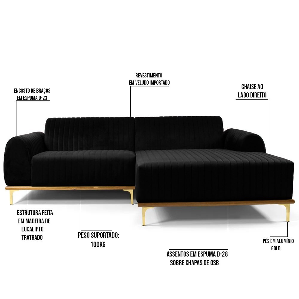Sofá 245cm 4 Lugares com Chaise Direito Pés Gold Molino B-300 Veludo Preto - Domi