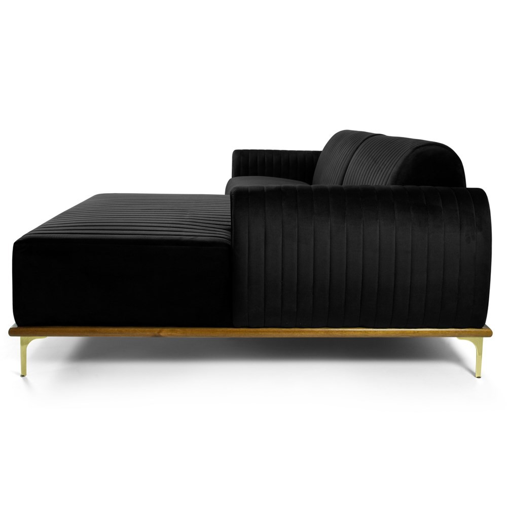 Sofá 245cm 4 Lugares com Chaise Direito Pés Gold Molino B-300 Veludo Preto - Domi