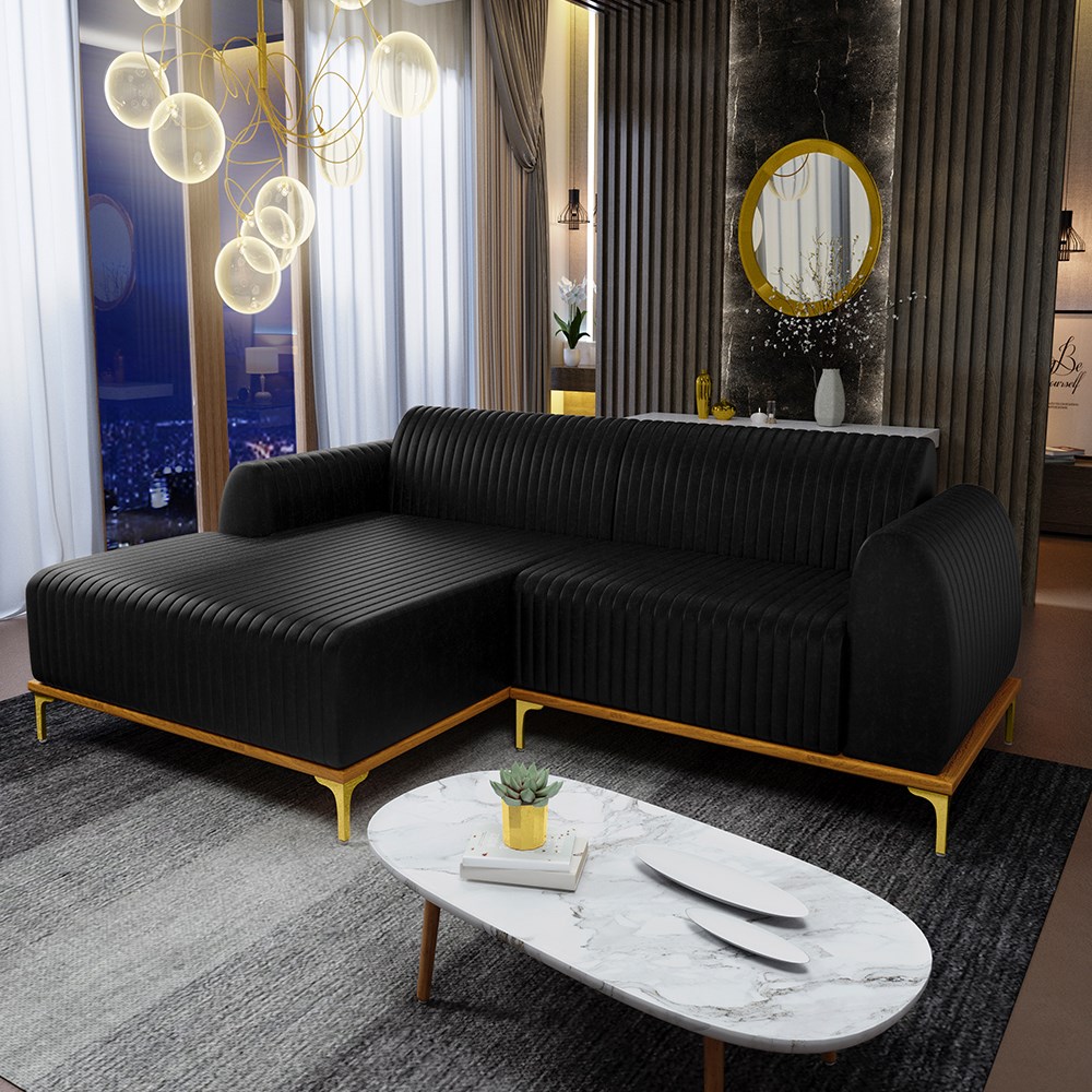 Sofá 245cm 4 Lugares com Chaise Esquerdo Pés Gold Molino B-159 Corano Preto - Domi
