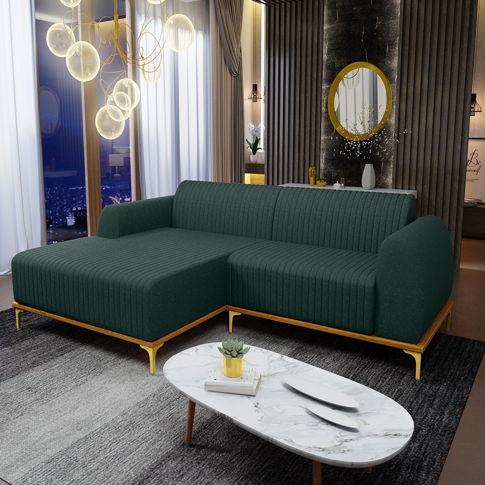 Sofá 245cm 4 Lugares com Chaise Esquerdo Pés Gold Molino C-117 Linho Verde - Domi