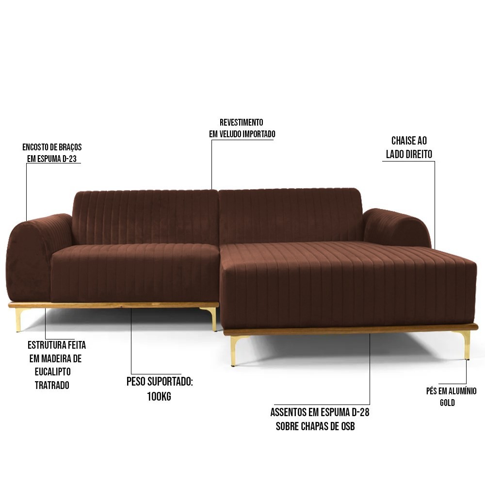Sofá 255cm 4 Lugares com Chaise Direito Pés Gold Molino B-276 Veludo Terra - Domi