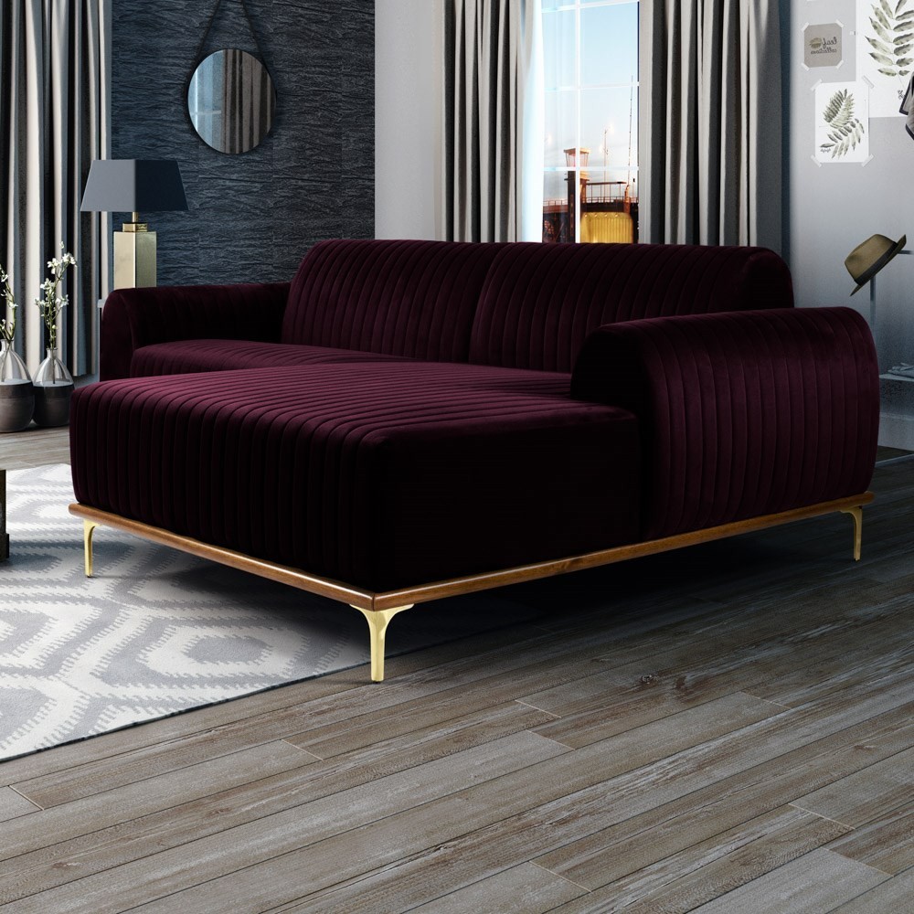 Sofá 255cm 4 Lugares com Chaise Direito Pés Gold Molino B-292 Veludo Uva - Domi