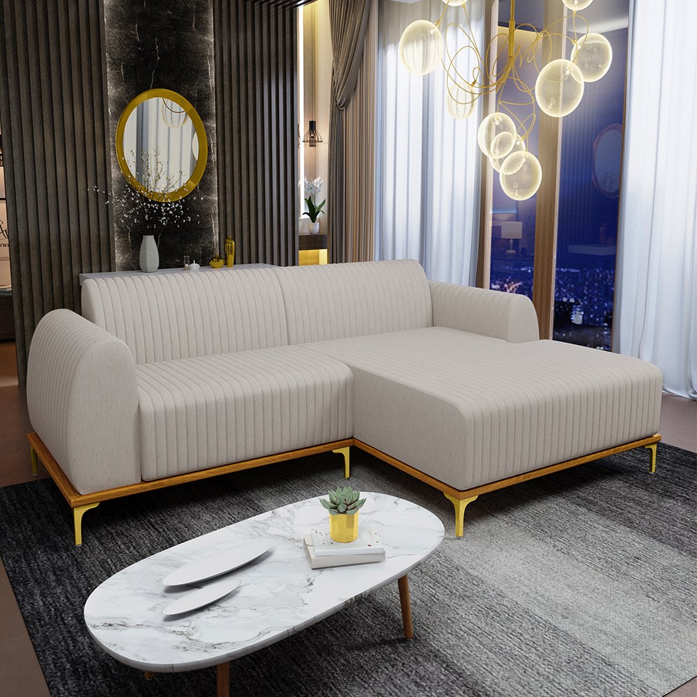 Sofá 255cm 4 Lugares com Chaise Direito Pés Gold Molino C-107 Linho Bege - Domi