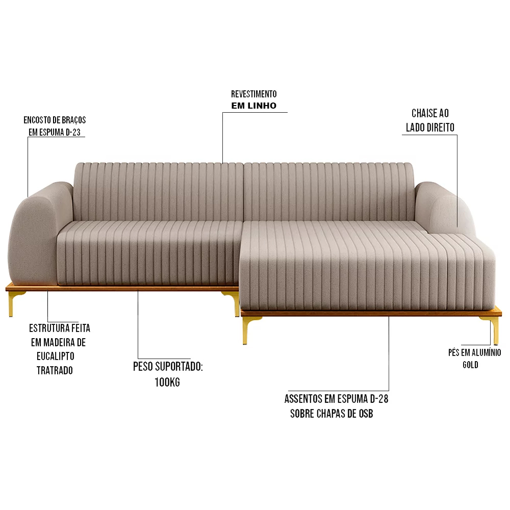 Sofá 255cm 4 Lugares com Chaise Direito Pés Gold Molino C-107 Linho Bege - Domi
