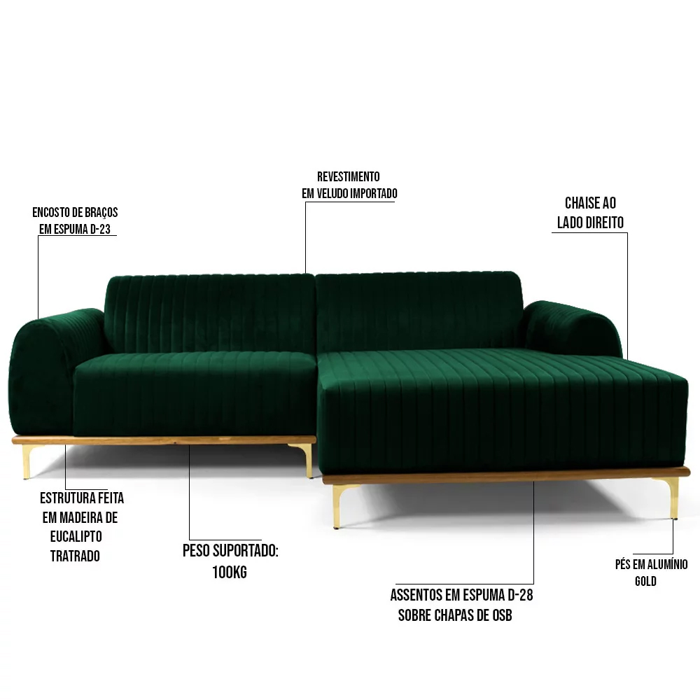 Sofá 255cm 4 Lugares com Chaise Direito Pés Gold Molino C-303 Veludo Verde Musgo - Domi