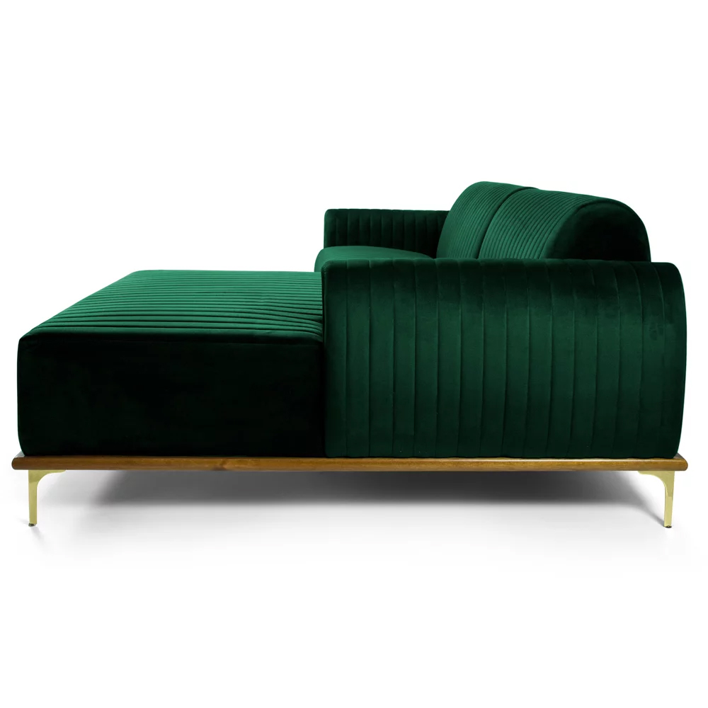 Sofá 255cm 4 Lugares com Chaise Direito Pés Gold Molino C-303 Veludo Verde Musgo - Domi