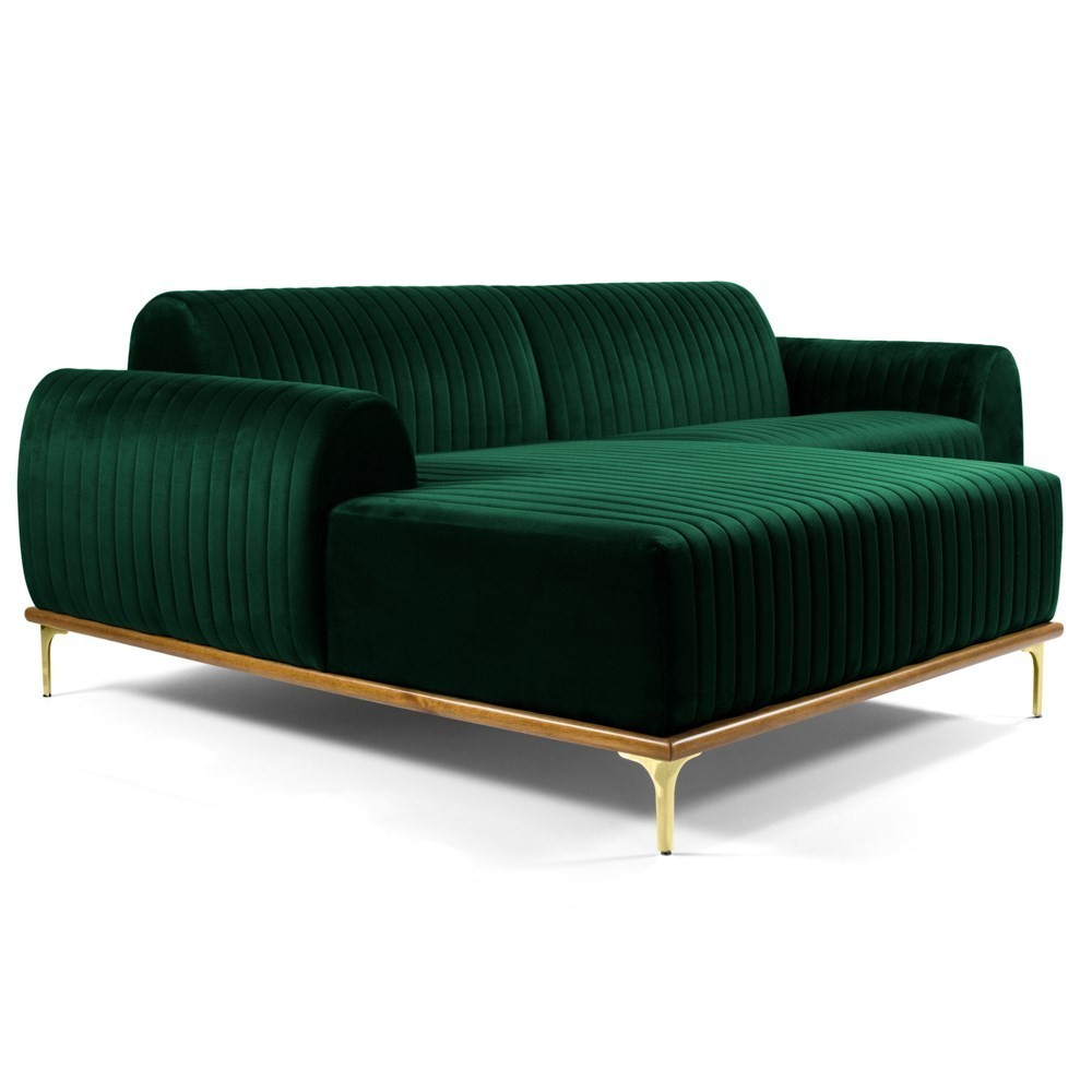 Sofá 255cm 4 Lugares com Chaise Esquerdo Pés Gold Molino B-303 Veludo Verde Musgo - Domi