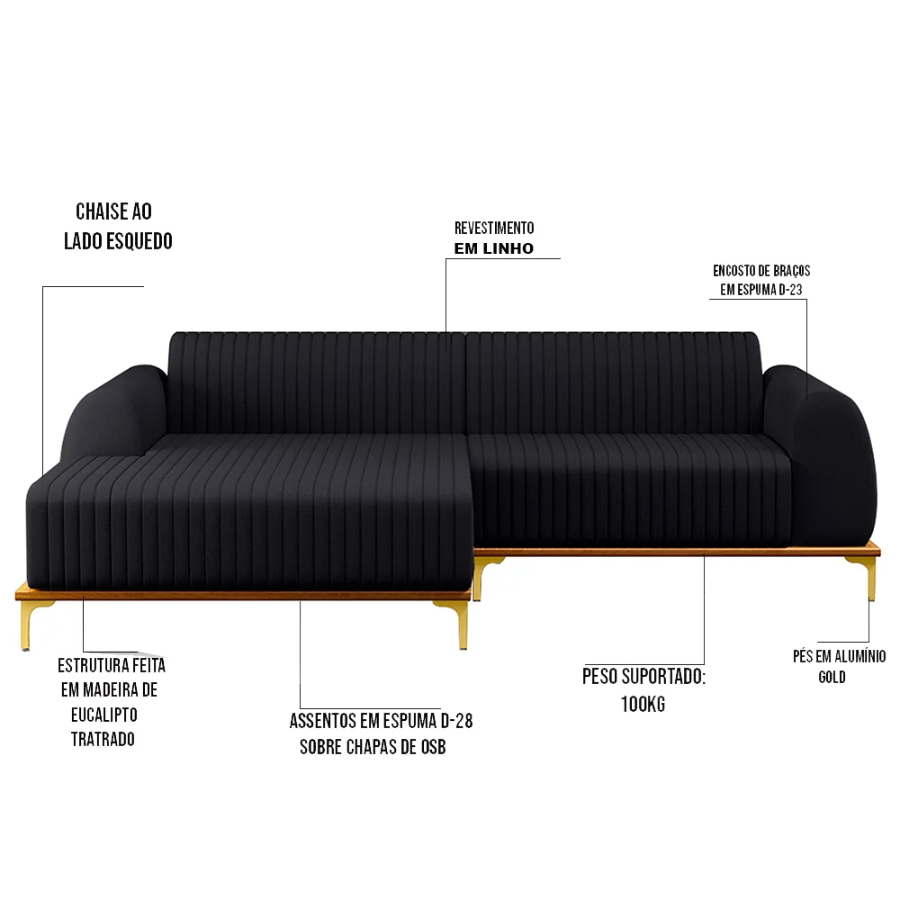 Sofá 255cm 4 Lugares com Chaise Esquerdo Pés Gold Molino D-465 Linho Chumbo - Domi