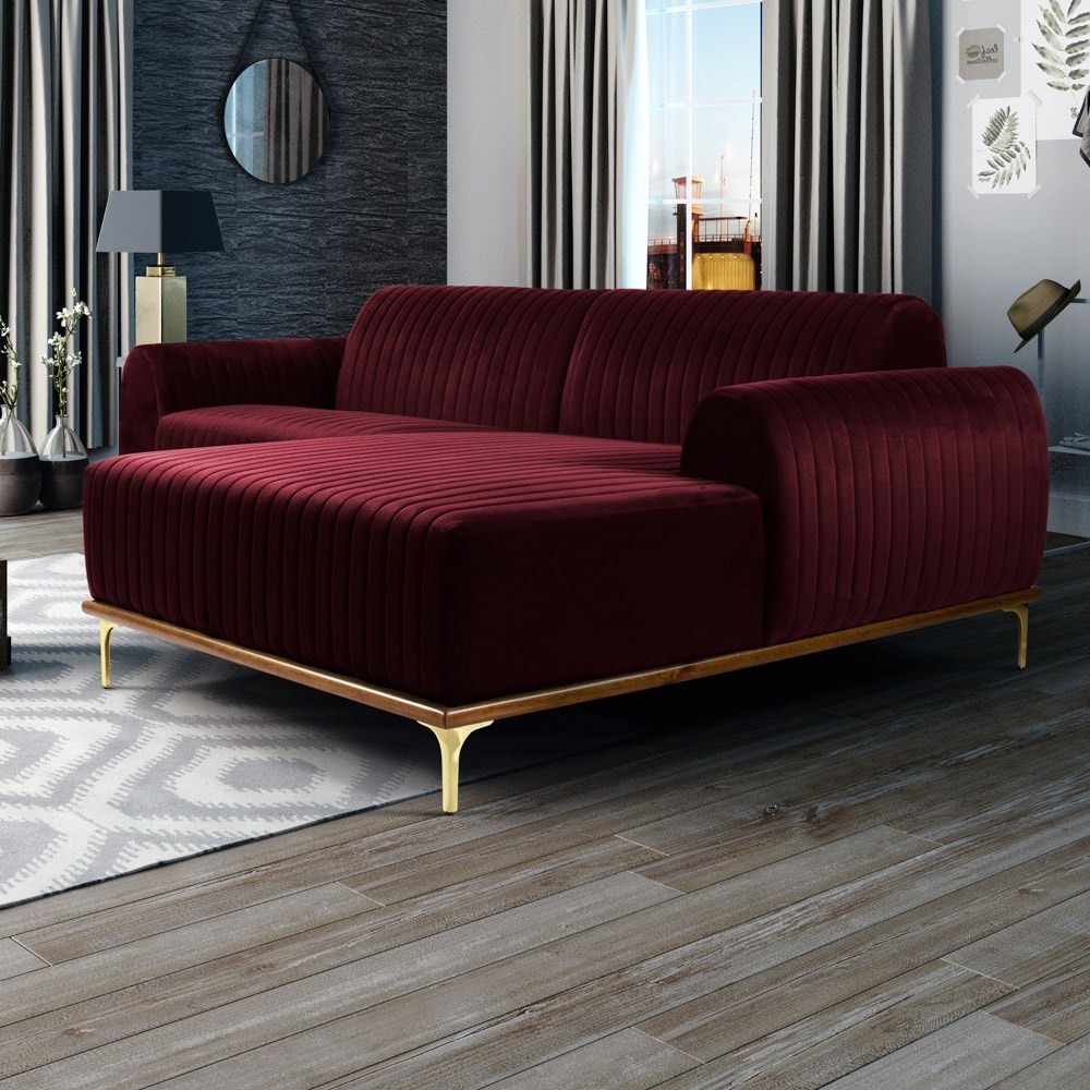 Sofá 265cm 4 Lugares com Chaise Direito Pés Gold Molino B-278 Veludo Marsala - Domi