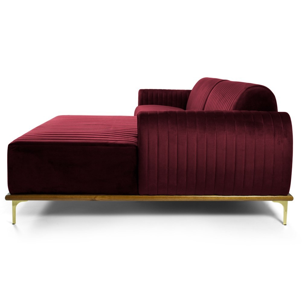 Sofá 265cm 4 Lugares com Chaise Direito Pés Gold Molino B-278 Veludo Marsala - Domi