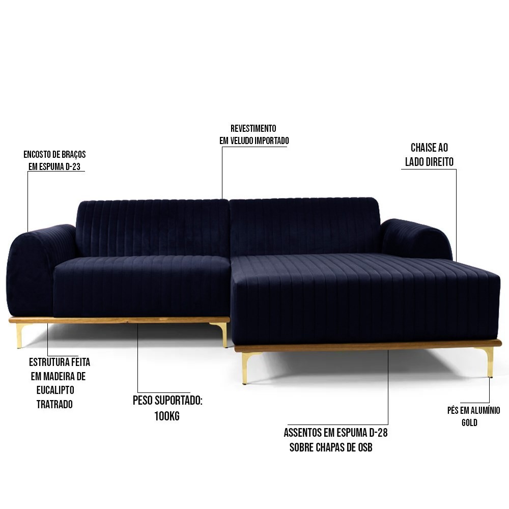 Sofá 265cm 4 Lugares com Chaise Direito Pés Gold Molino B-287 Veludo Marinho - Domi